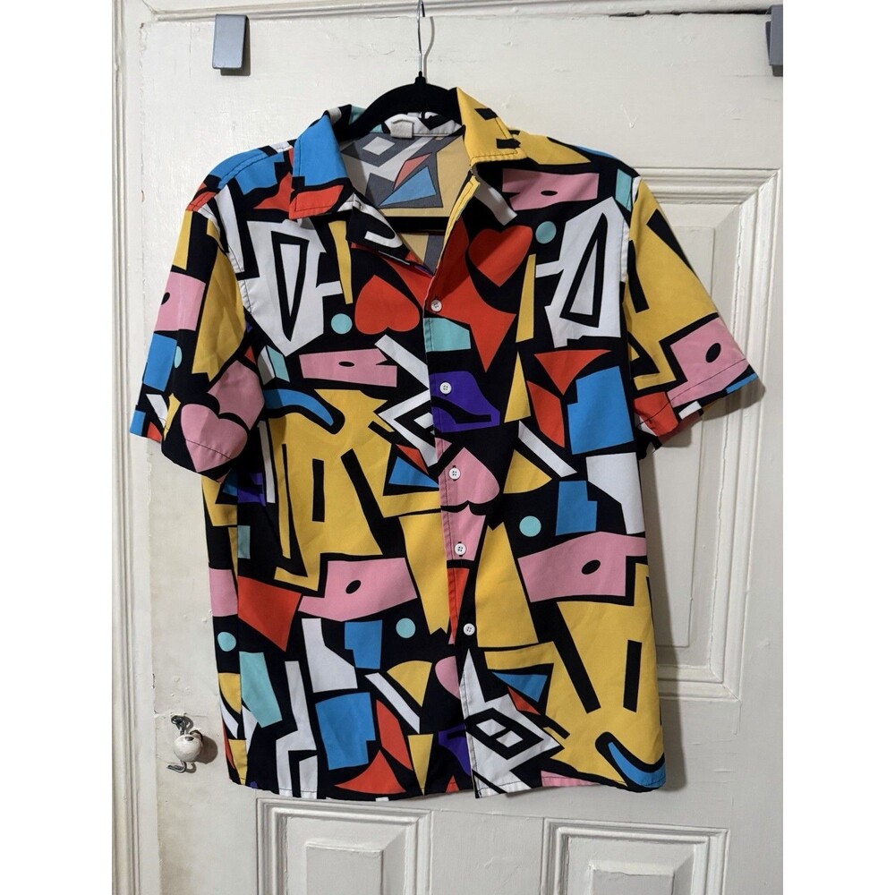 Abstract Geometric Button Up Shirt Small Colorful Retro Art Graphic Festival Top